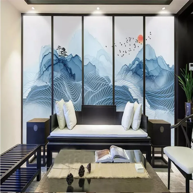 Blue ink landscape abstract lines background high-grade wall cloth manufacturers wholesale wallpaper mural photo | Обустройство дома
