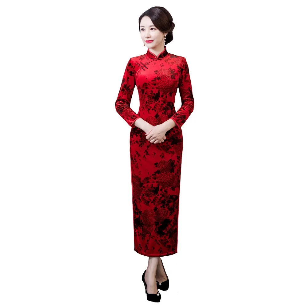 Шанхай история новая распродажа с длинным рукавом Винтаж Цветочный Qipao красный