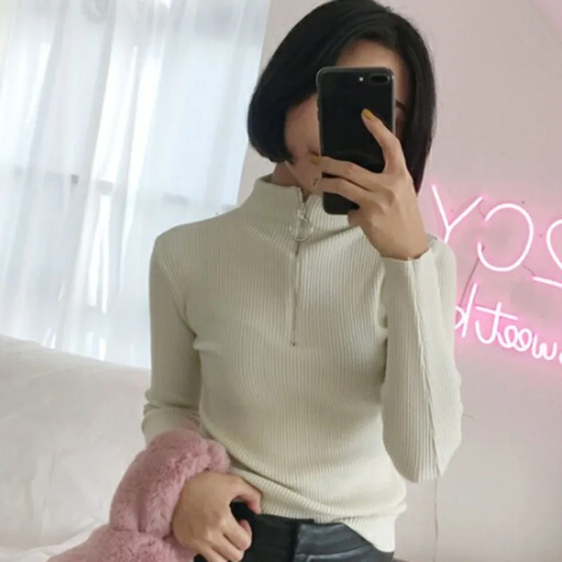 Женский трикотажный свитер на молнии Однотонный с высоким воротом и длинным