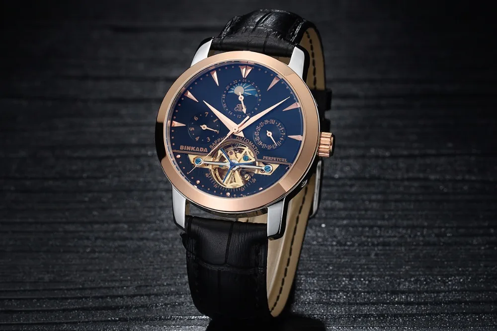 Скелет Бизнес Мужские автоматические часы Топ люксовый бренд спорт Tourbillon механические розовое золото повседневные само ветер BINKADA часы