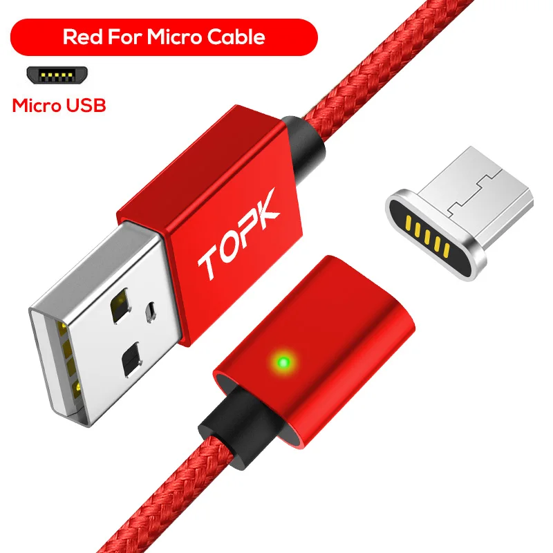 Red Cable Topk 2.4A Магнитная Micro USB кабель, обновлен плетеный нейлоновый Светодиодный индикатор USB кабель для зарядки Micro-USB телефоны - Цвет: Red Cable