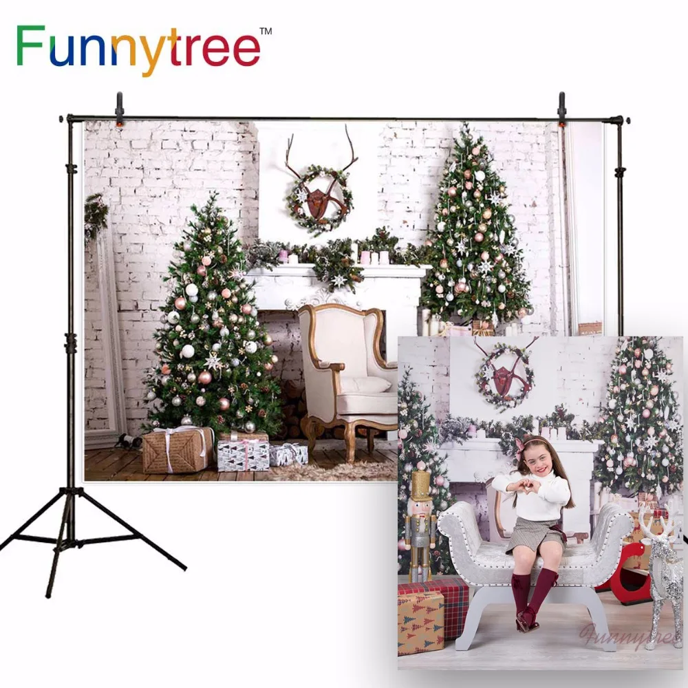 Funnytree backdrop for photo studio brick wall chair Christmas tree gift fireplace children photography background photocall | Электроника