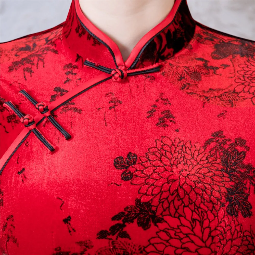 Шанхай история новая распродажа с длинным рукавом Винтаж Цветочный Qipao красный