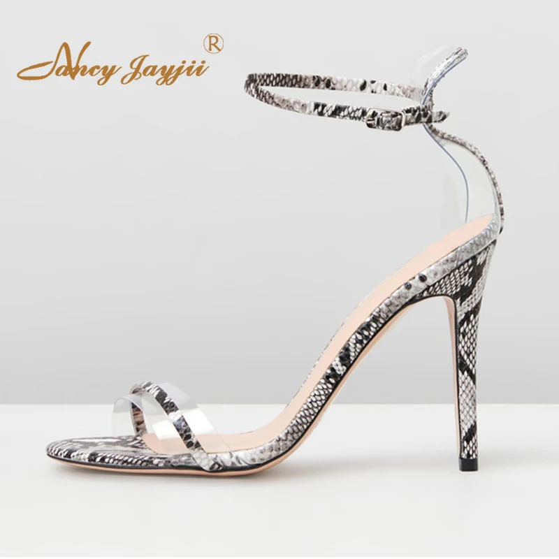 

PVC Snake Pattern High Thin Heels Clear Shoes Woman Sandals Ankle Buckle Strap Open Toe Large Size 12 13 For Ladies Footwear