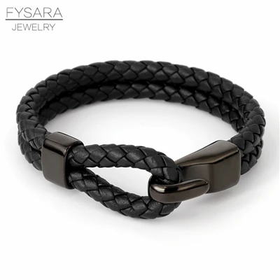 Black FYSARA серый черный синий браслет из натуральной кожи мужской браслет из нержавеющей стали черный браслет с застежкой Панк ювелирные изделия оптом на заказ размер - Окраска металла: Black