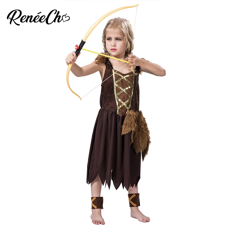 Cadılar bayramı Kostüm Çocuklar Için Kız Viking Kostümü Gece Yarısı Huntress Hunter Kostüm Çocuk Cavegirl Cosplay Elbise Bel Bantları Seti