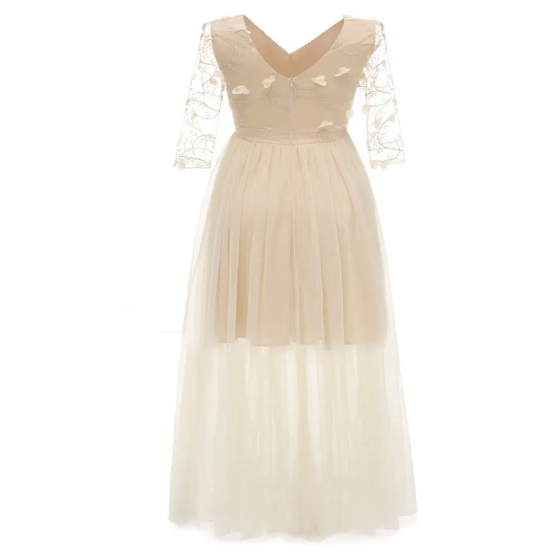 

Lace Dresses Femme Half Sleeve Robe Lace Stitching fit & Flare Mesh Women Dress Elegant Hollow Out Female Party Dress Vestidos