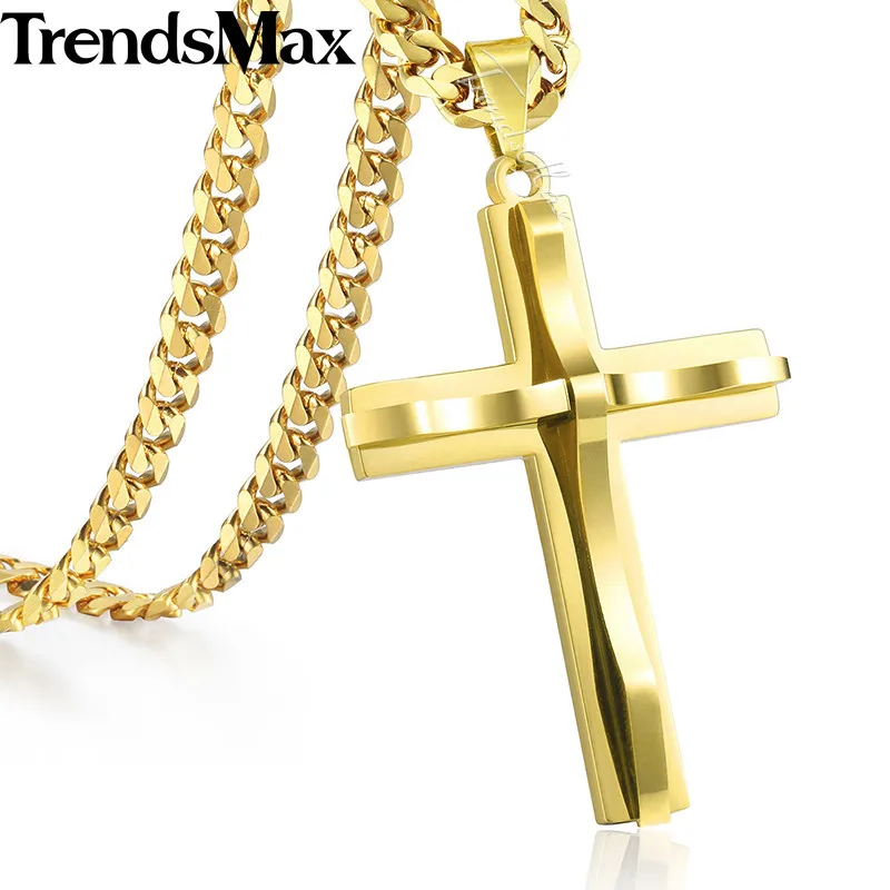 Trendsmax крест кулон ожерелье Мужская цепь из нержавеющей стали Снаряженная кубинская звено черный золотой серебряный цвет подарок ювелирные изделия KKPM137