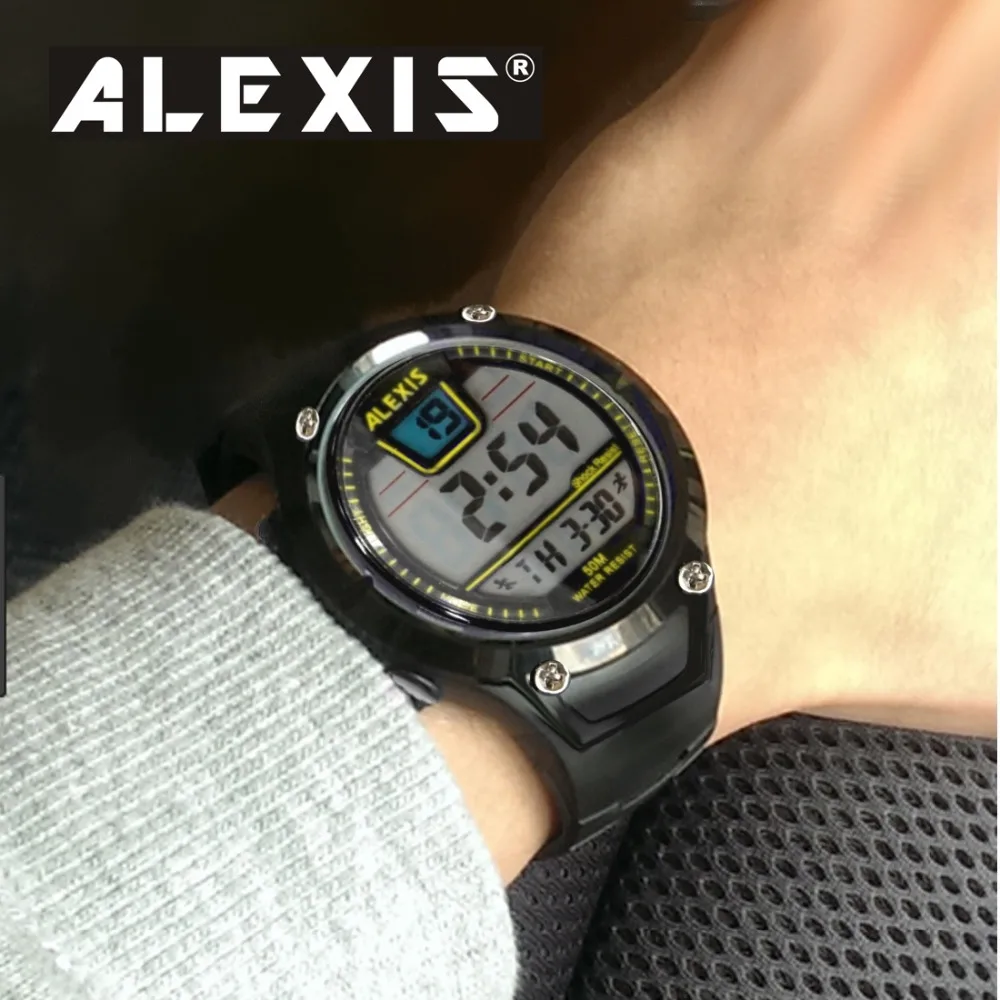 Модные спортивные часы Alexis для мужчин и женщин черные с датой будильником