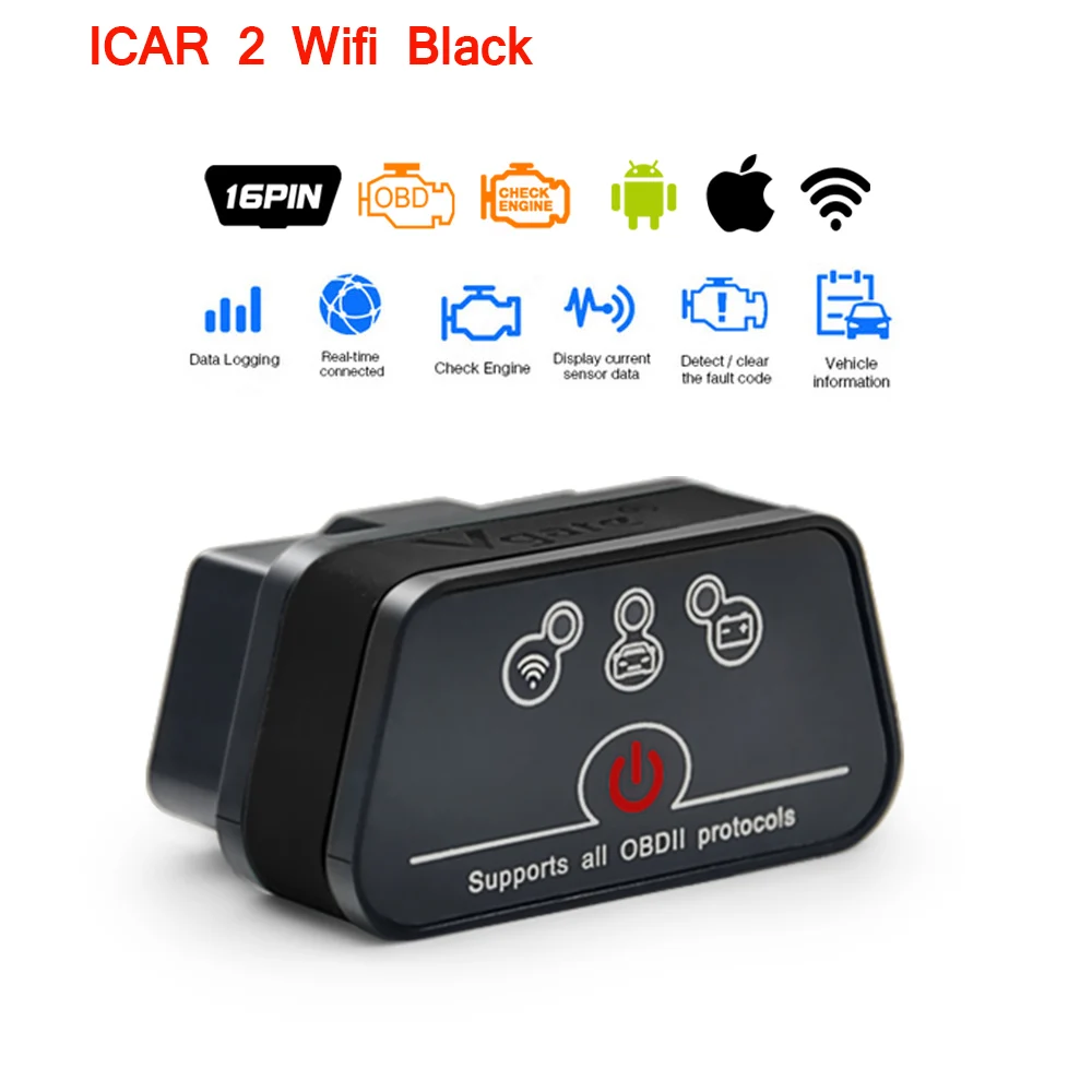 Vgate icar2 Wi-Fi OBD2 диагностический инструмент ELM327 Wifi OBD 2 сканер Мини ELM327 для android/PC/IOS считыватель кодов - Цвет: Icar 2 WIFI Black