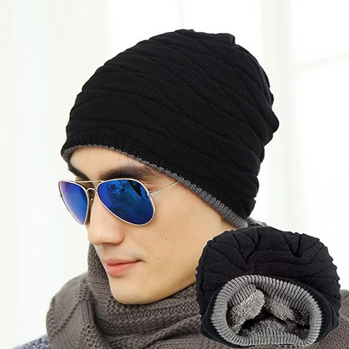 

Fashion Beanie Men Winter Warm Faux Fur Lined Baggy Hat Ski Skull Hip-Hop Cap