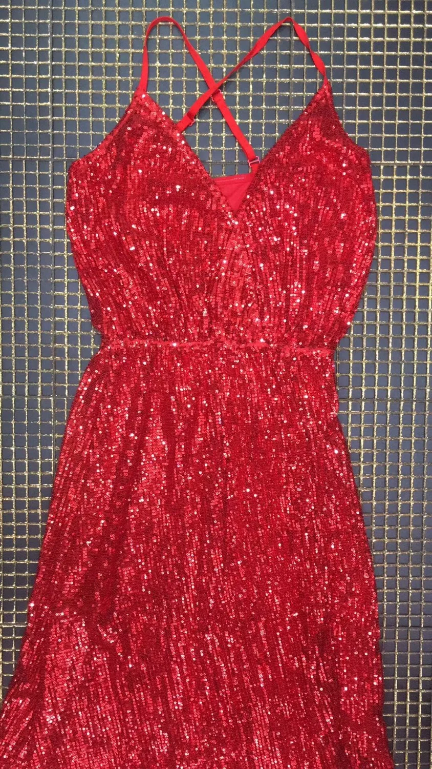 

Summer Women Sequined v neck red Floor-Length Spaghetti Strap Sleeveless Bandage Vestidos 2018 Bodycon Celebrity Party Dress