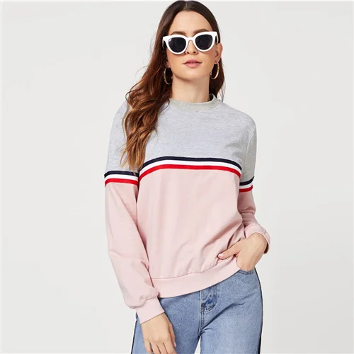 Dotfashion двухцветная полосатая толстовка с цветными блоками, Женская Повседневная весенне-осенняя одежда с длинным рукавом, пуловеры в консервативном стиле, толстовка - Цвет: Многоцветный