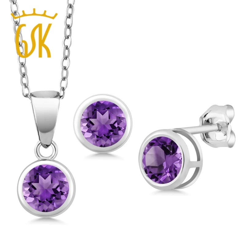 Gemstoneking 1.35 КТ круглой Природные Фиолетовый аметист Элегантный комплект ювелирных