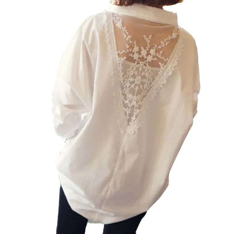 Рубашка женская белая с вырезом на спине и рукавом летучая мышь большого размера