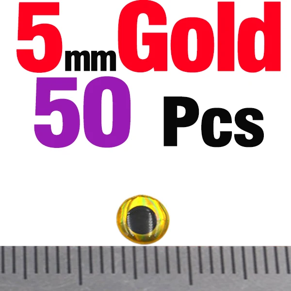 50PCS 5mm Gold MNFT 50 шт./лот, 3 мм, 4 мм, 5 мм, 7 мм, 9 мм, Chartreuse Eyes, 3D голографическая приманка для рыбалки, завязывающая глаза, приманки - Цвет: 50PCS 5mm Gold