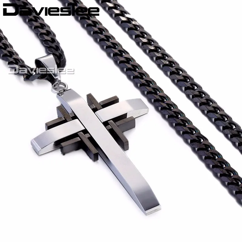 Davieslee Cross Pendant Necklace Chain for Men Stainless Steel Gold Black Silver Color Mens Necklaces Chains Jewelry LKP355 | Украшения и