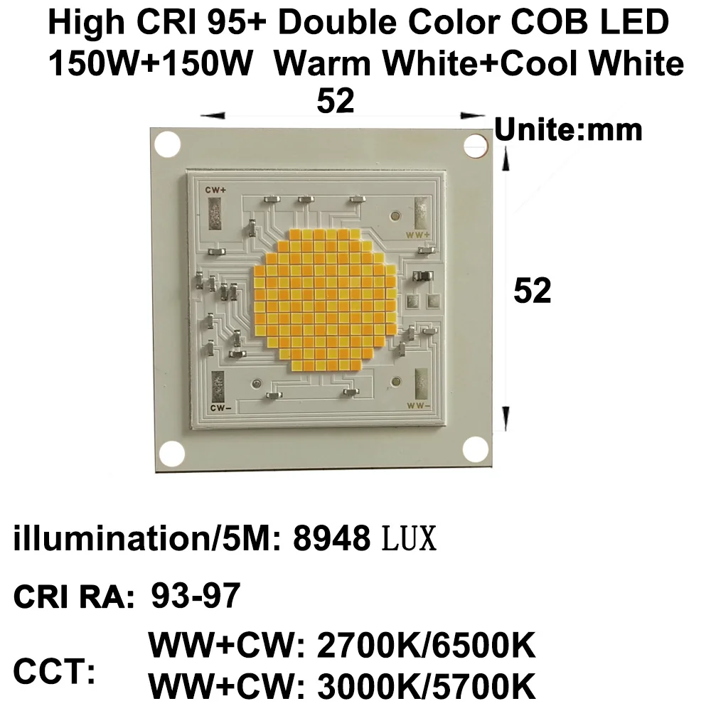 

DIY LED U-HOME High CRI RA 95+ High Power Density 150W+150W Two Channel CCT Tunable COB LED Warm White + Cool White DC38.5V 3.7A