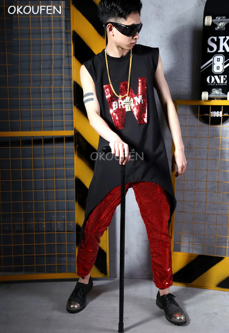 

Man black T shirt Costumes red Sequin Vest Stage costume Red bling Pants Bar singer DJ Stage suit costumes show performance wear