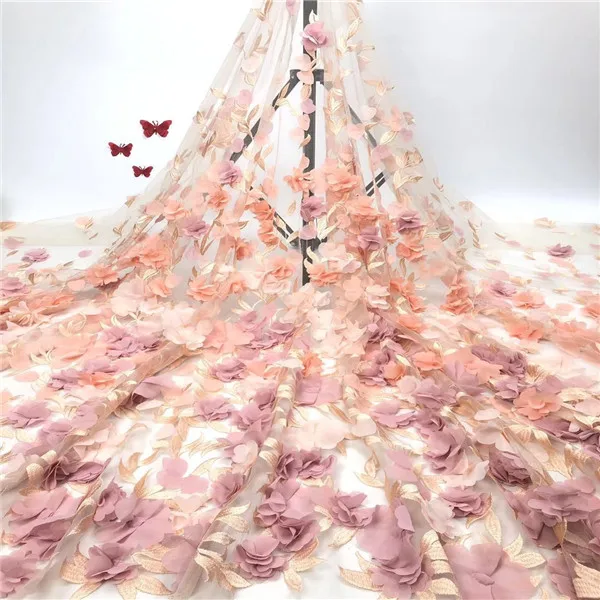 orange pink 1 ярд Роскошная вышитая бисером 3D Цветочная кружевная вышивка ткань сетка кружевная отделка французские кружевные ткани для свадьбы невесты африканская ткань - Цвет: orange pink