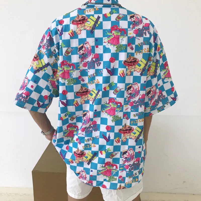 Cartoon Letter Plaid Shirt Short Sleeve Turn Down Collar Women Men Long Blouses Shirts Spring Summer Casual Loose Unisex |