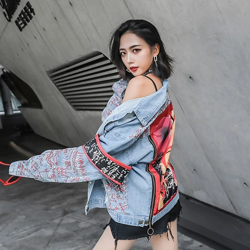 Graffiti Print Denim Jacket Women Autumn Double Zipper Armband Jeans Bomber Unisex Loose Outwear Кэжуал Feminina NZY25 | Женская