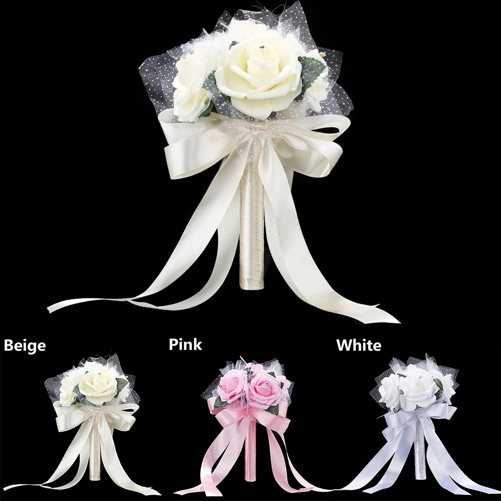 

PE Rose Bridesmaid Wedding Foam flowers Rose Bridal bouquet Ribbon Fake Wedding bouquet de noiva Customized