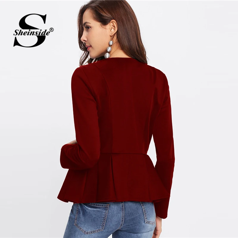 Sheinside, плиссированная баска на молнии, осенняя Женская куртка, болеро с рюшами, рабочая одежда, одежда, тонкая верхняя одежда, Бордовые женские пальто