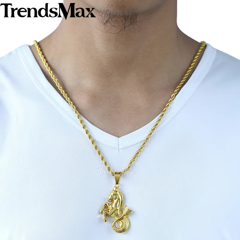 Trendsmax лошадь Рыба кулон ожерелье Мужская цепочка хип хоп золото цвет звено