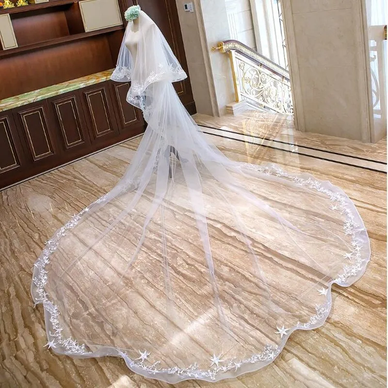 New Long Bridal Veil Women 3 M Cathedral Length Wedding Veil Delicate Tulle Appliqued Bride Veil Bride Accessories