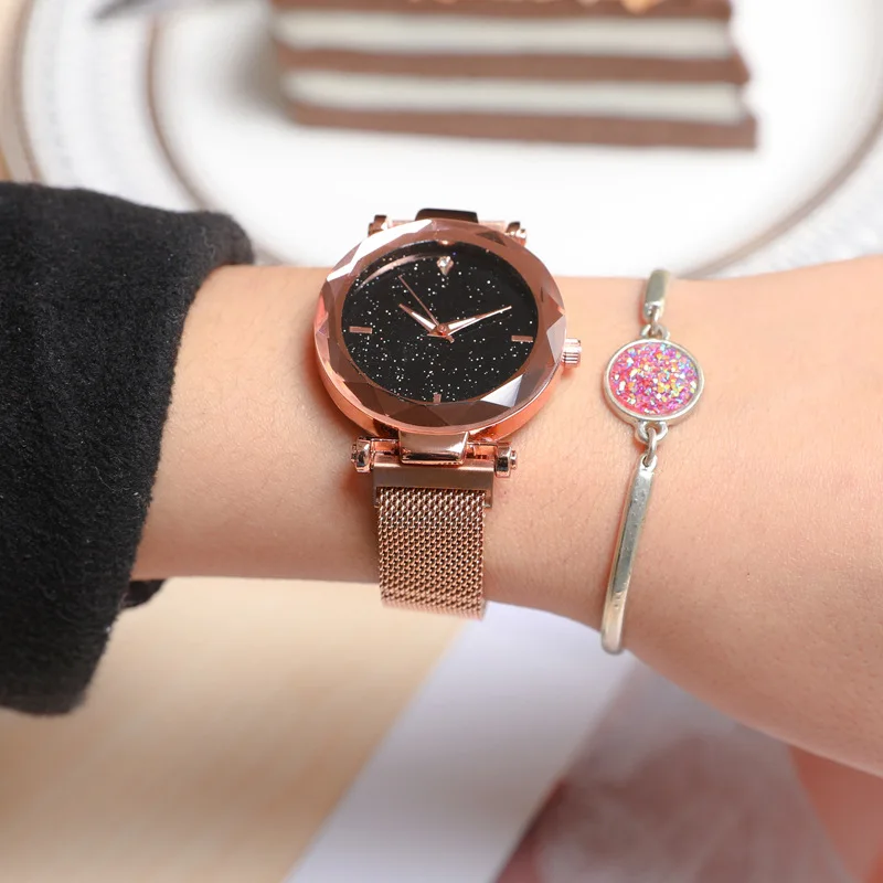 Роскошные Звездное небо женские часы розовое золото браслет стразы кварцевые с