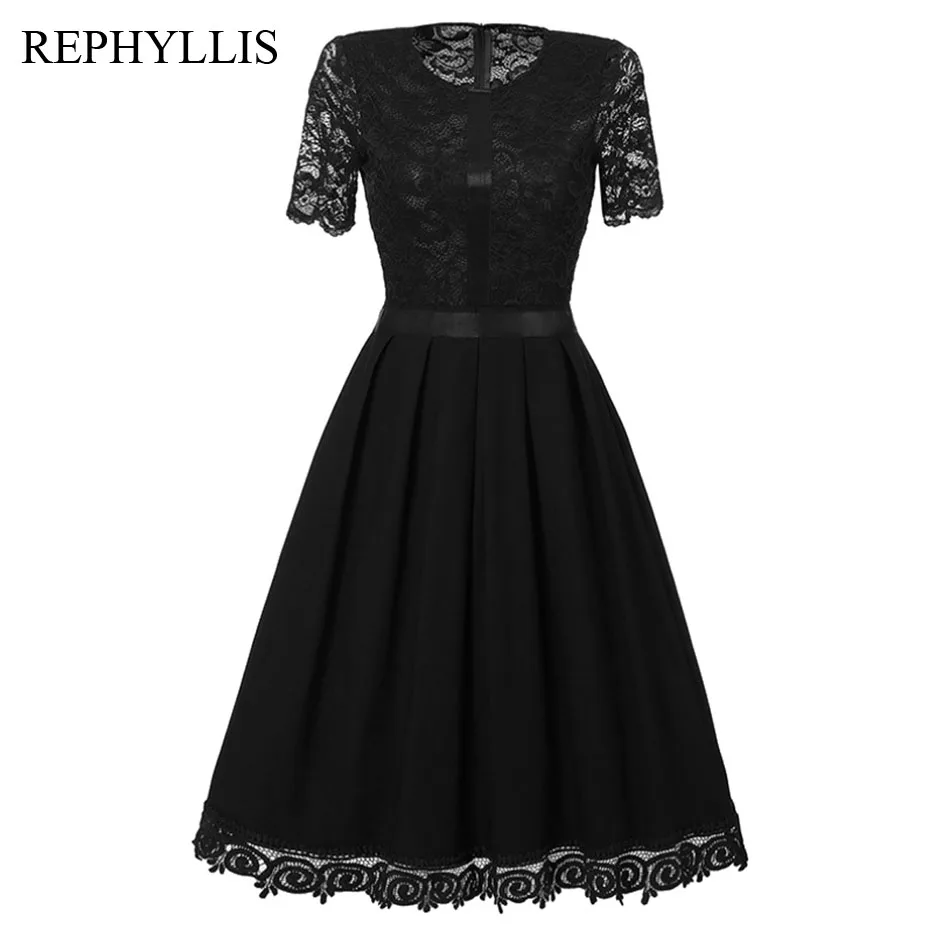 REPHYLLIS/женские вечерние платья с короткими рукавами и круглым вырезом в стиле пэчворк для выпускного, коктейльной вечеринки, ТРАПЕЦИЕВИДНОЕ ПЛАТЬЕ С широкой юбкой - Цвет: Black