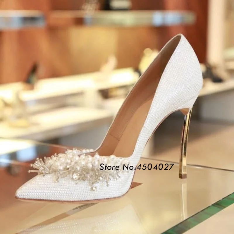 Fashion Pearl Crystal High Heels New Women's Sexy Pointed Toe Wedding Bride Dress Shoes 12 cm/10 cm | Обувь
