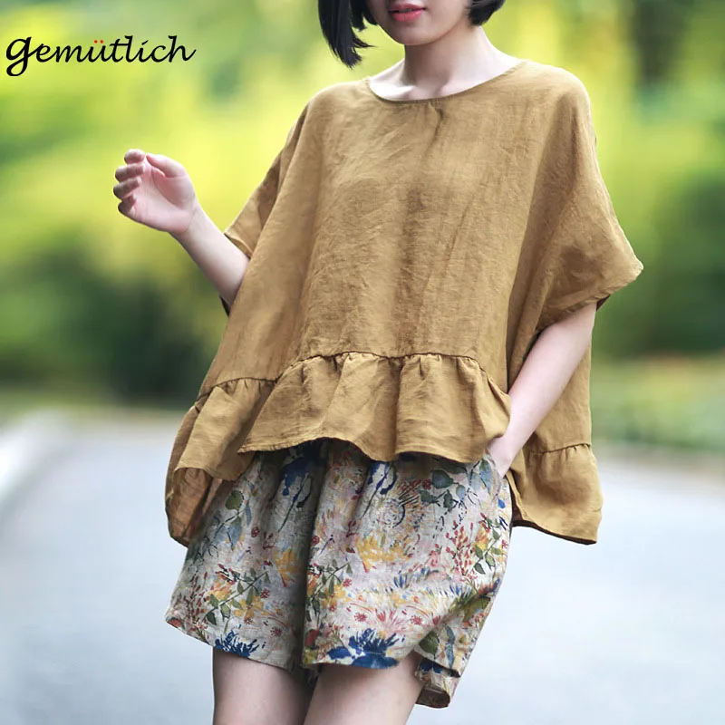 

GEMUTLICH Summer Cotton Linen Loose Short Sleeve Shirt O-Neck Over Size Pullover Shirts Batwing Sleeve Ruffles Female