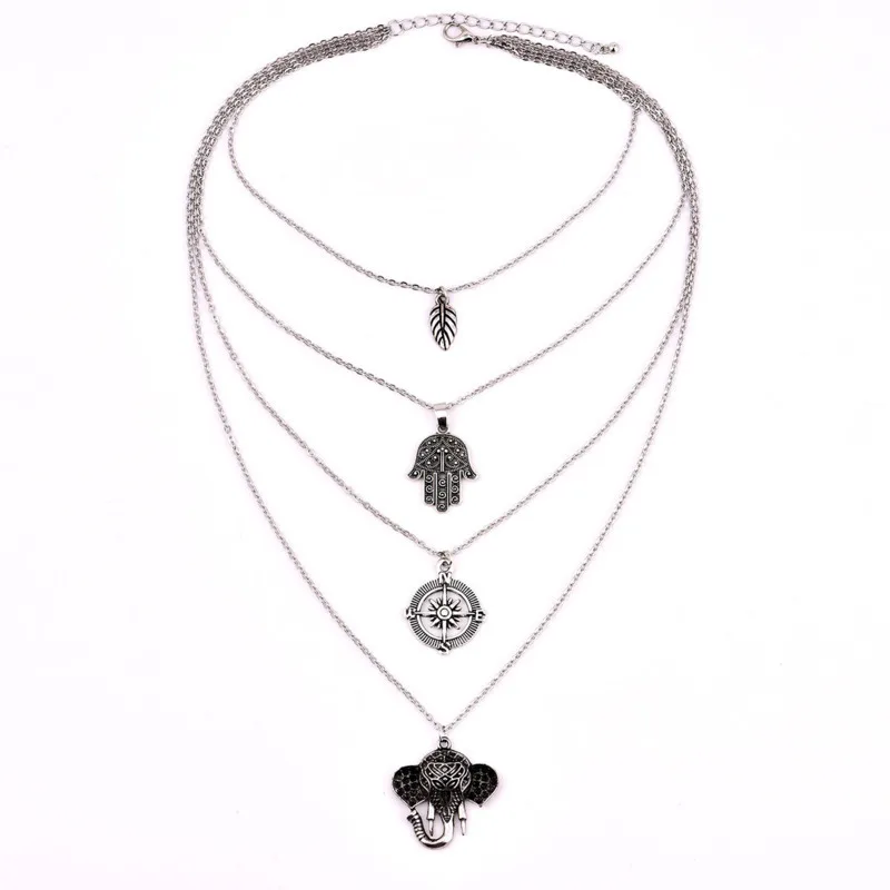 2018 Chain Necklace Fashion Wind Leaf Palm Compass Elephant Multi-storey Vintage Pendant Jewelry gift | Украшения и аксессуары