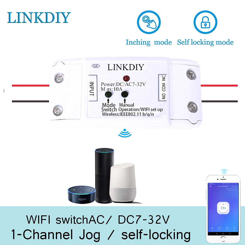 linkdiy wifi smart switch 1 Channel Self-locking Wireless Relay Module for home Automation dc 7v 12v 24v 32v 10A | Электроника