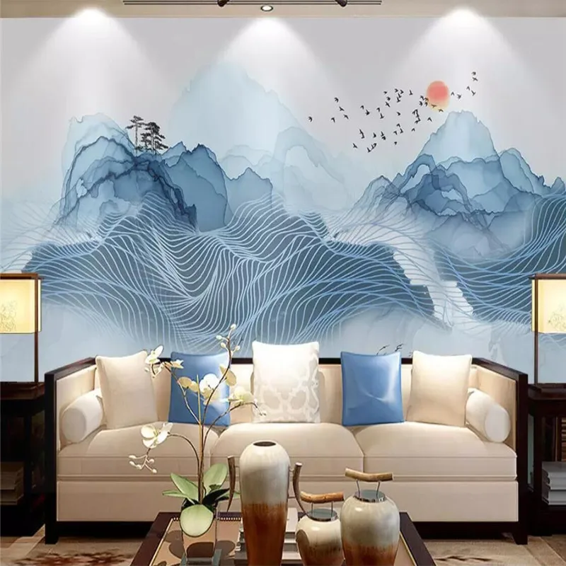 Blue ink landscape abstract lines background high-grade wall cloth manufacturers wholesale wallpaper mural photo | Обустройство дома