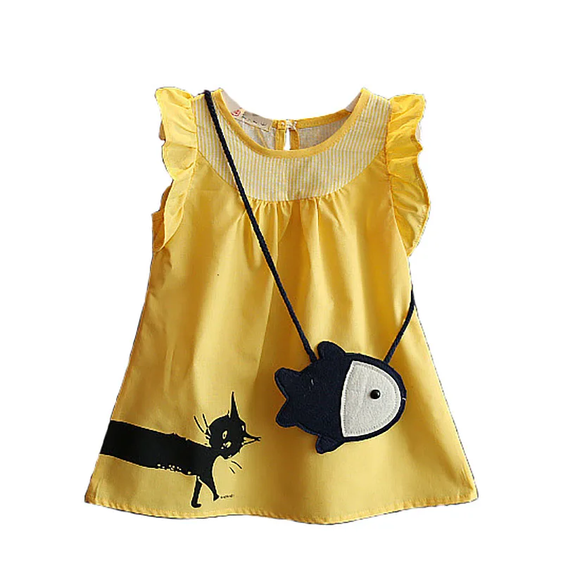 

Summer Kids Girls Dress Cat Catch Fish Bag Cartoon Brand Children Dress Sleeveless casual girl costume party outfit Baby BC1170