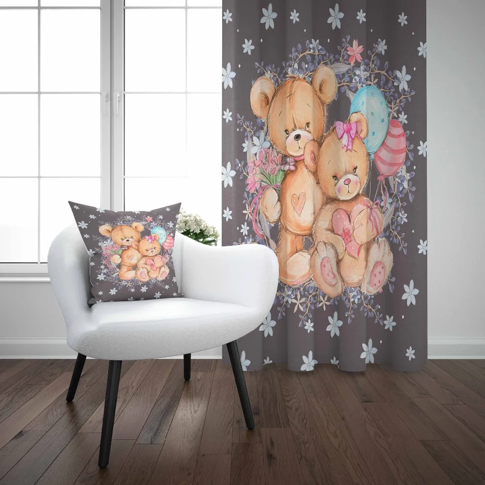 

Else Blue Flowers Teddy Bears Floral Pink Hearts 3d Kids Print Baby Children Window Panel Set Curtain Combine Gift Pillow Case