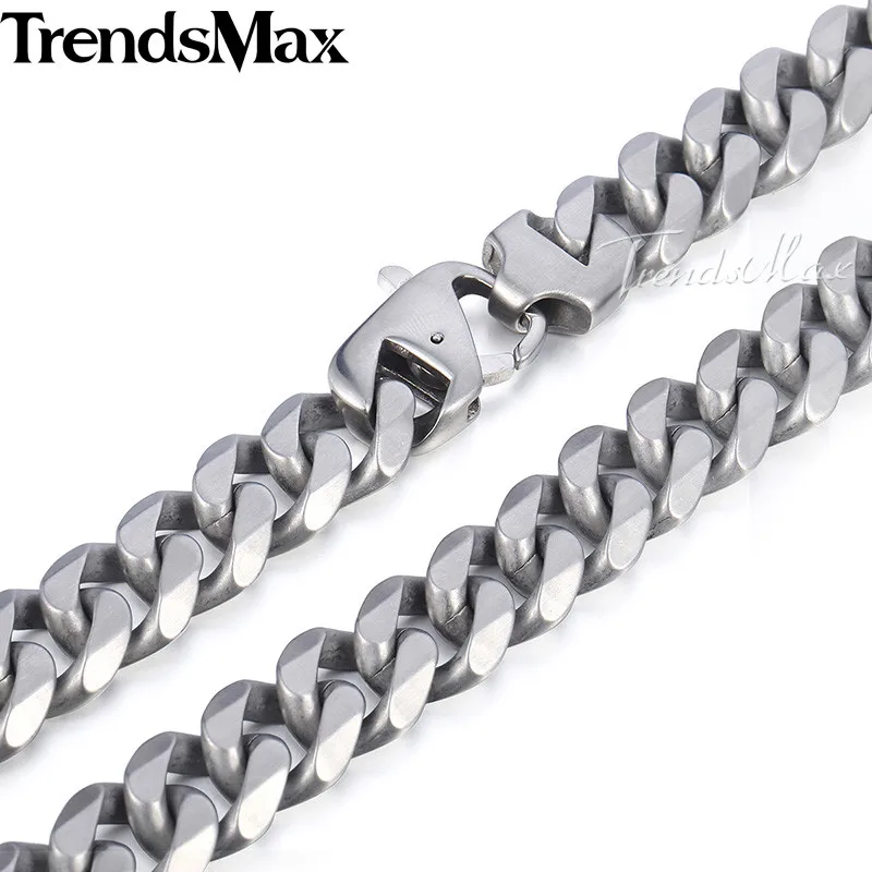 Matte Finished Trendsmax матовое полированное ожерелье Мужская цепь 316L нержавеющая сталь резанная Снаряженная кубинская звено Серебряный тон 15 мм KHNM18 - Окраска металла: Matte Finished