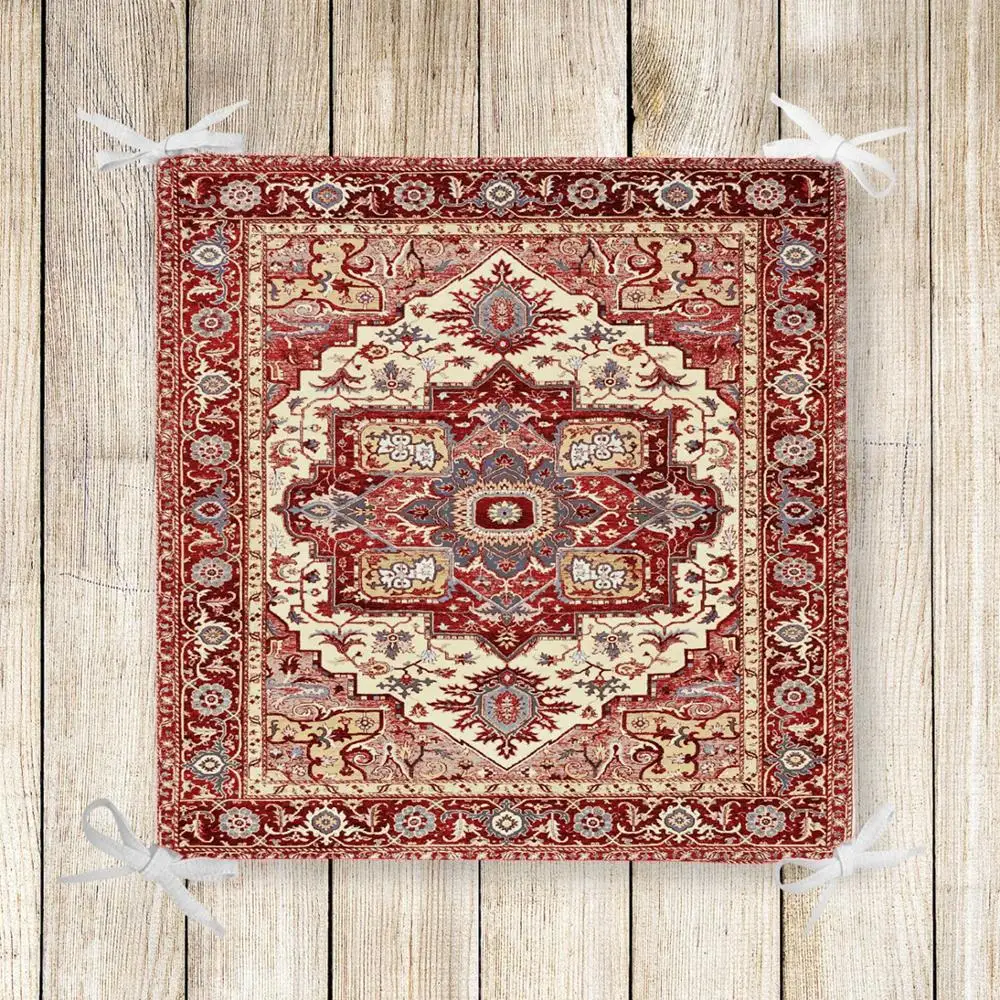 

Else Red Brown Morrocan Ethnic Vintage Print Square Chair Pad Seat Cushion Soft Memory Foam Full Lenght Ties Non Slip Washable
