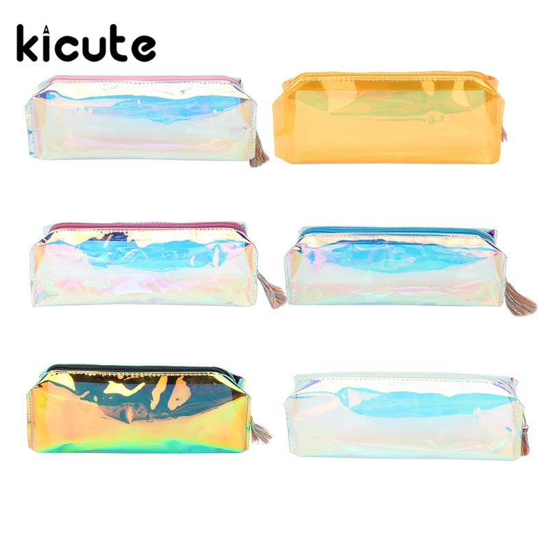 Kicute 1 шт. Прозрачный чехол для карандашей простая и стильная сумка для косметики голографический металлический цвет для студентов и работников