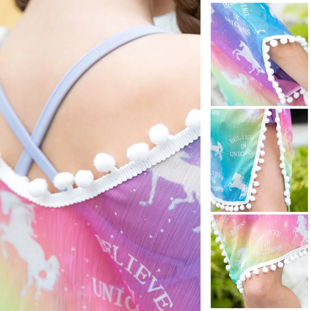 New Fashion Kid Girls Chiffon Unicorn Cover-up Rainbow Beach Swimsuit Coverup Pompom Tassel Pink White Kids Cover up | Детская одежда и