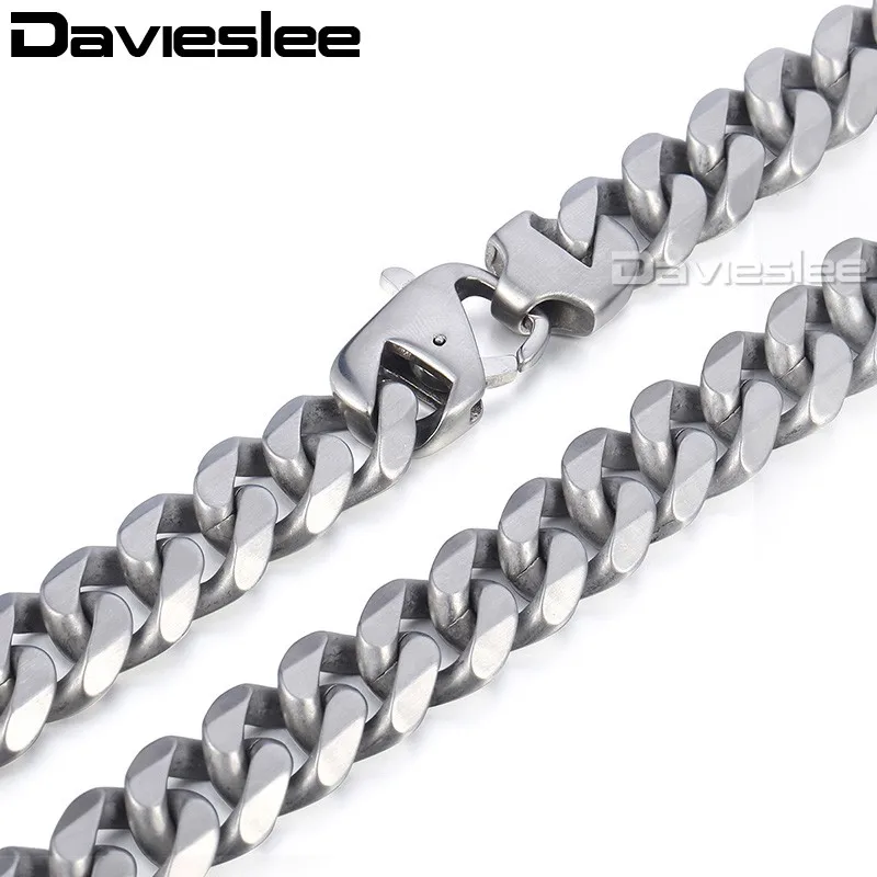 

Davieslee Mens Chain Matte Brushed Polished Necklace 316L Stainless Steel Cut Curb Cuban Link Silver Color 15mm LHNM18