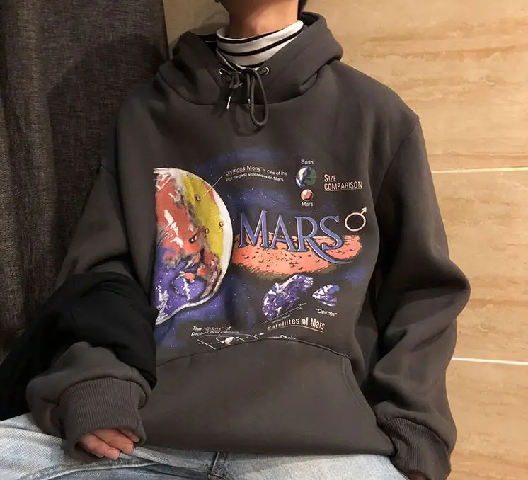 Ulzzang Толстовка Harajuku с длинным рукавом и мультяшным принтом "Mars Planet Galaxy"