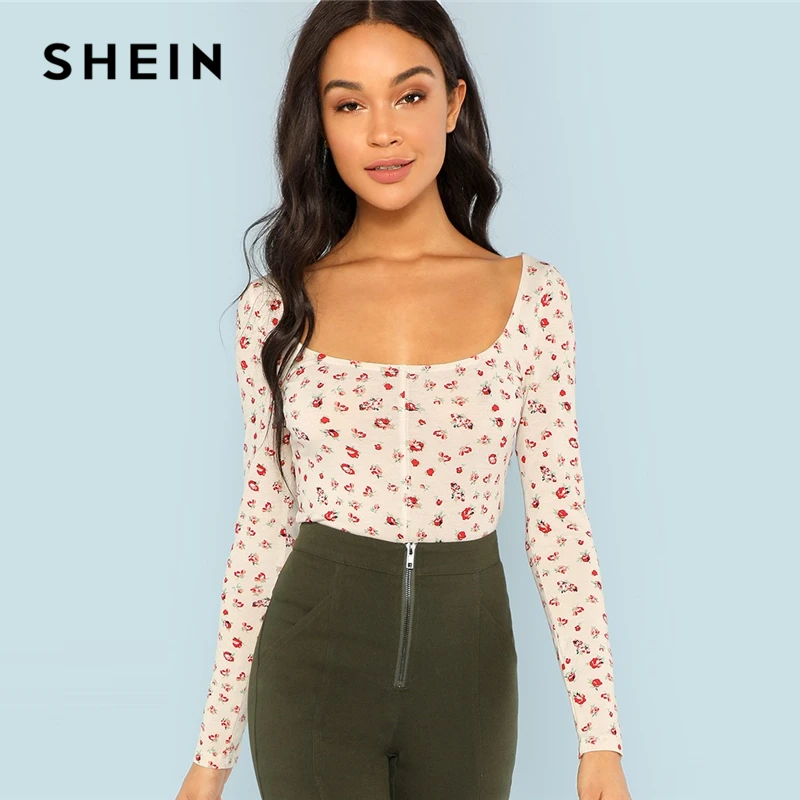 SHEIN Топ С Глубоким Вырезом И Цветочным Принтом, Облегающий Топ С Длинным Рукавом