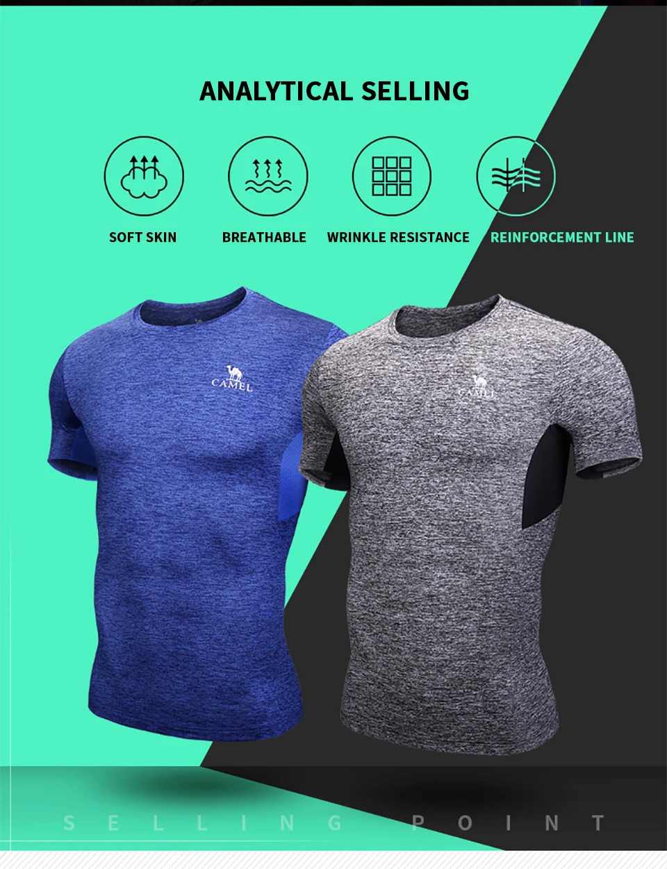 CAMEL Gym T-Shirts Dry Fit Men Sports Fitness Training Outdoor Workout Short Sleeve High Elastic Crossfit Tops Tights