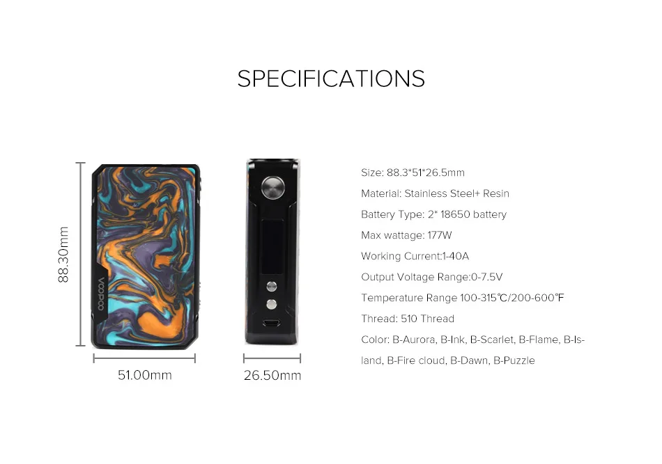177 Вт VOOPOO DRAG 2 Коробка мод Vape питание от Двойной 18650 батареи для 510 нить атомайзер электронная сигарета