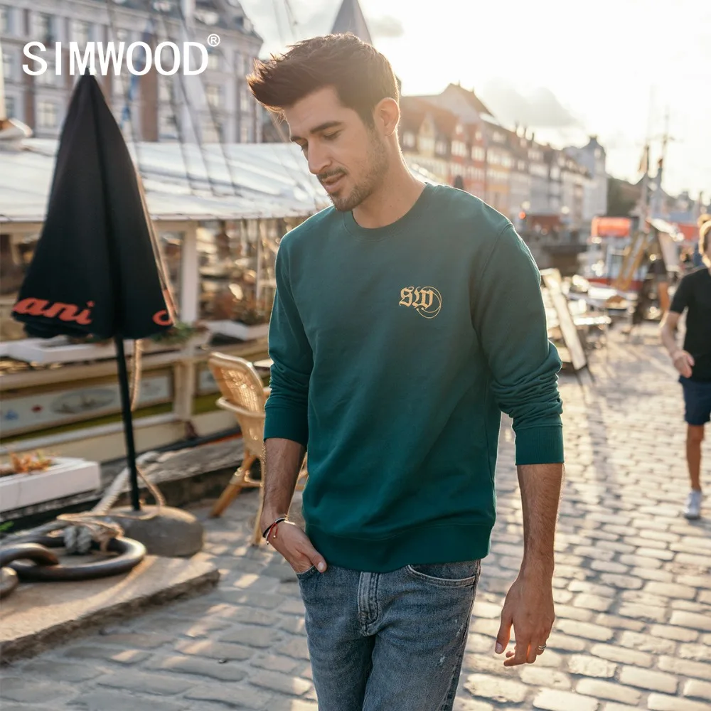 SIMWOOD Новый повседневные толстовки для мужчин письмо вышитые 100% хлопок модные