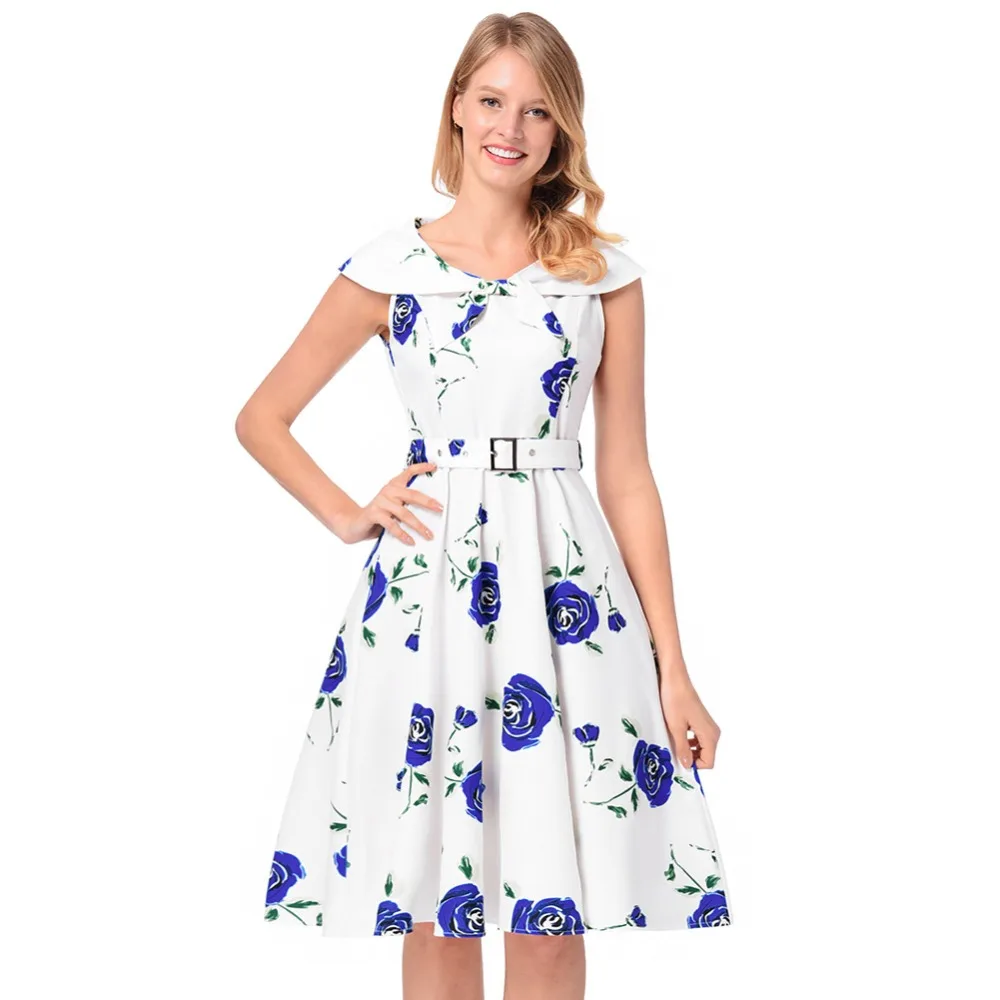 2018 summer new print dress women's lapel hepburn retro style formal midi with belt | Женская одежда